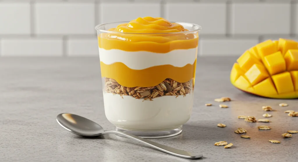 Top-down view of multiple mango dessert cups neatly arranged, showing layers of mango puree, yogurt, and granola.