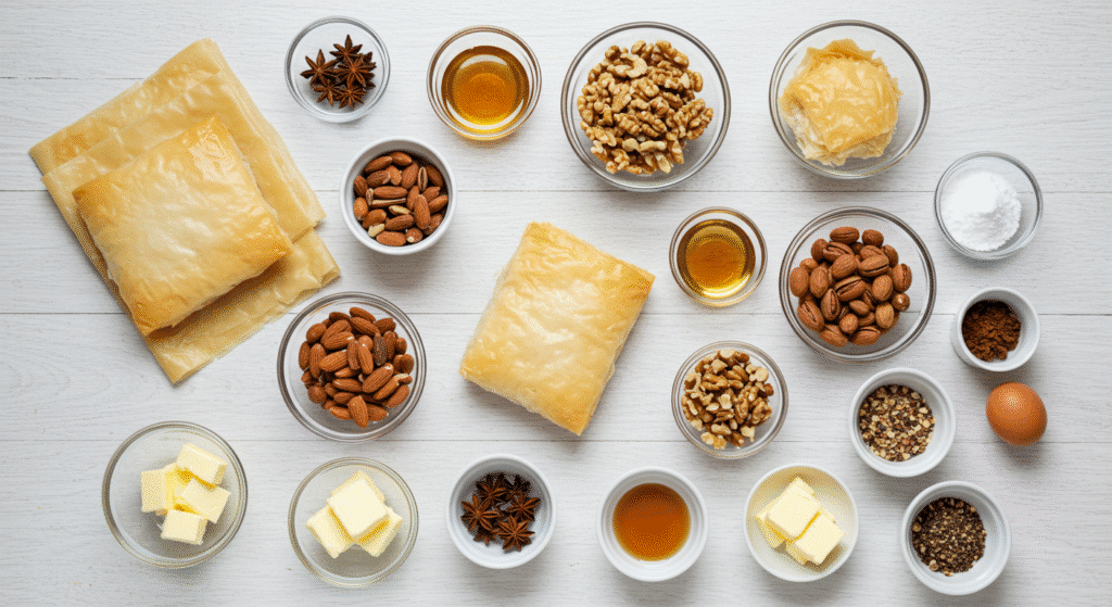 Baklava dessert cups ingredients laid out including phyllo dough, mixed nuts, and honey