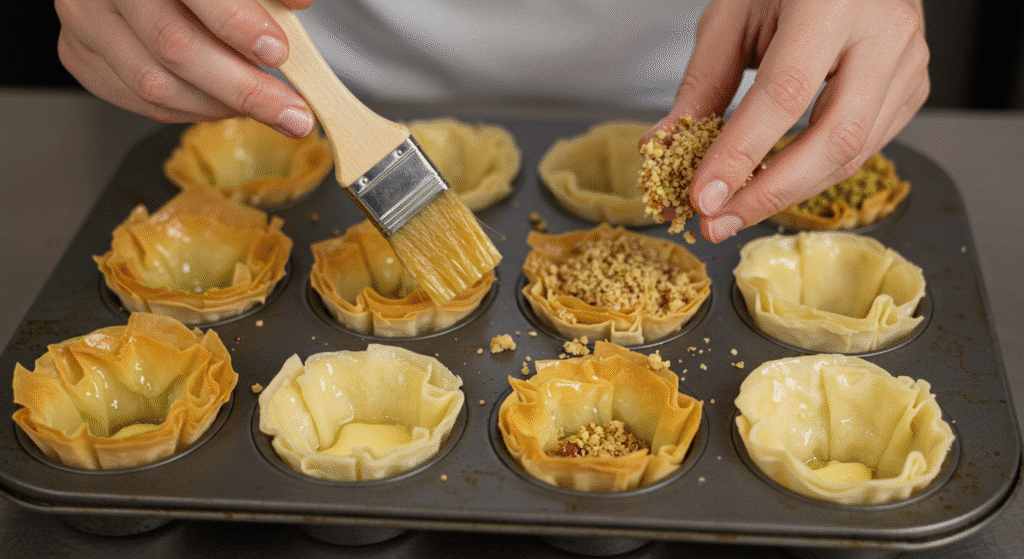  Step-by-step assembly of baklava dessert cups showing phyllo layering technique