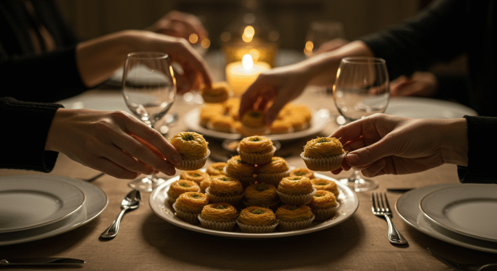 Baklava dessert cups served at elegant dinner party table setting
