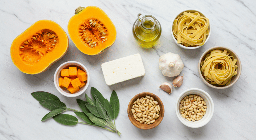  Ingredients for butternut squash baked feta pasta laid out on marble surface