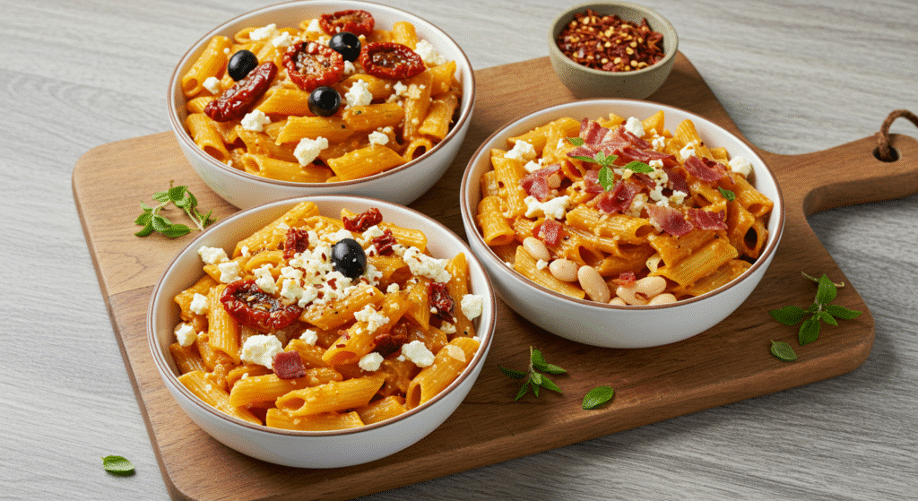 Ultimate Butternut Squash Baked Feta Pasta: 5 Secrets to Perfect Fall Comfort Food Three creative variations of butternut squash baked feta pasta showing different flavor combinations