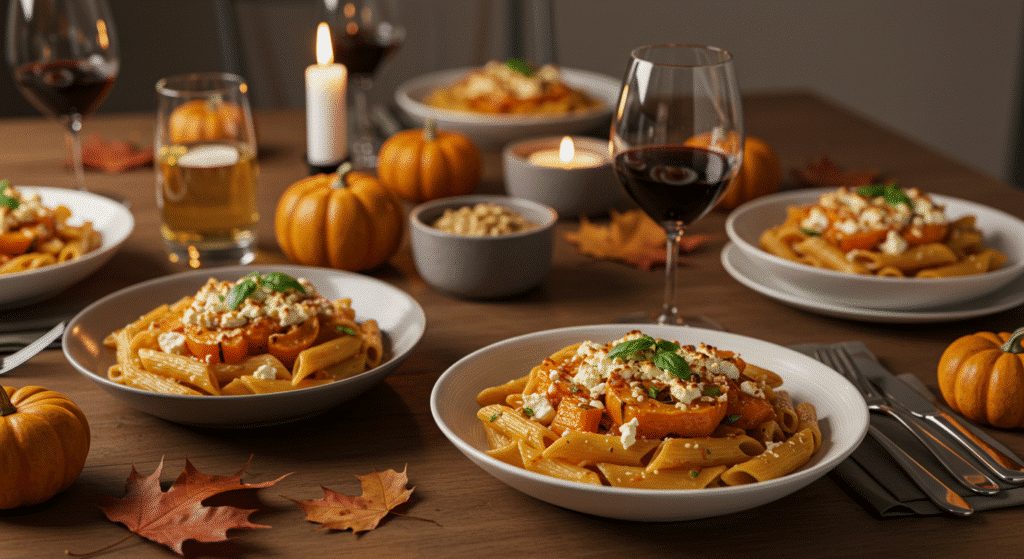 Elegant dinner setting featuring butternut squash baked feta pasta in cozy autumn atmosphere