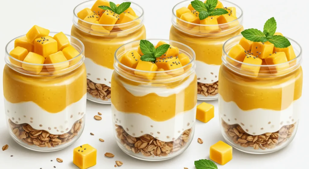 Side-angle view of a mango dessert cup with spoon, emphasizing the distinct layers of yogurt, mango puree, and granola.