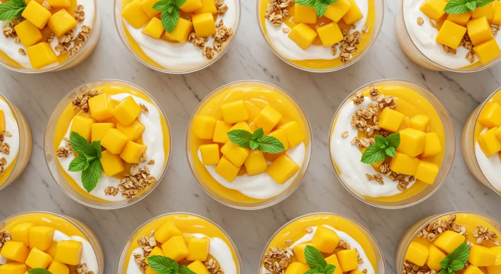 Close-up of a spoon scooping into a mango dessert cup, revealing the creamy, layered textures and vibrant mango colors.