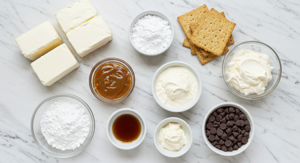 All ingredients needed for Booty Dip dessert recipe laid out on marble counter