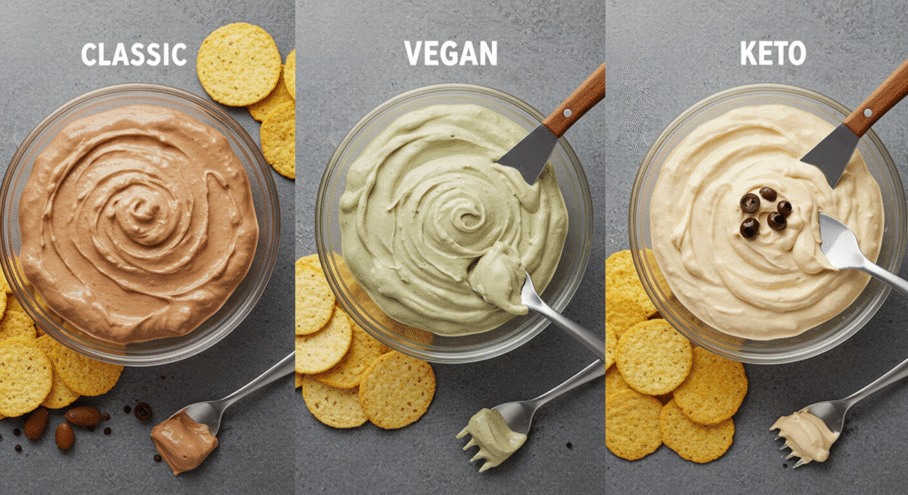  Three creative variations of Booty Dip dessert including classic, vegan, and keto versions