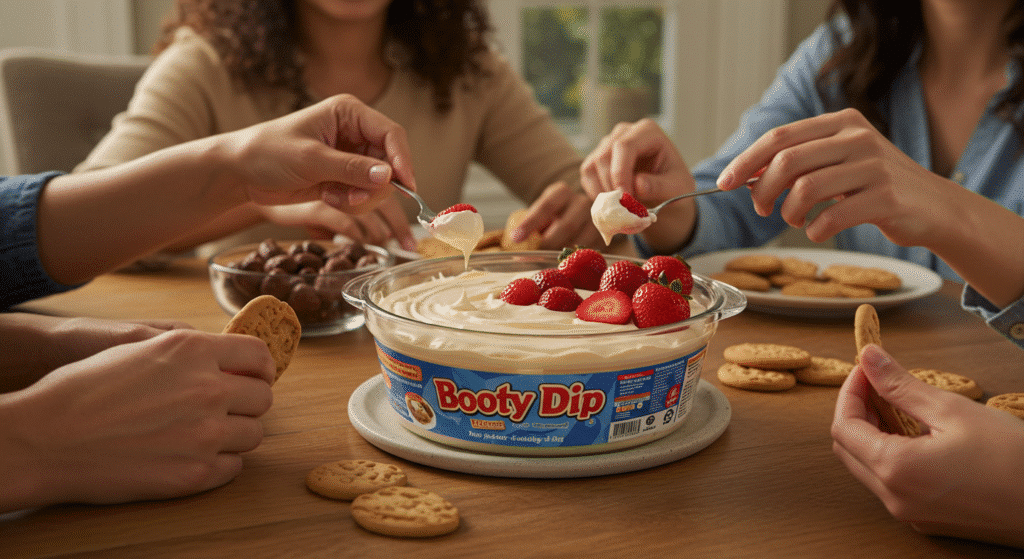 Family enjoying Booty Dip dessert together at dining table with various dippers