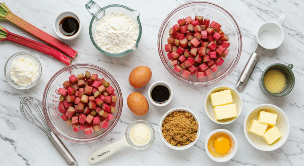 Fresh ingredients for rhubarb cookies recipe arranged on marble counter