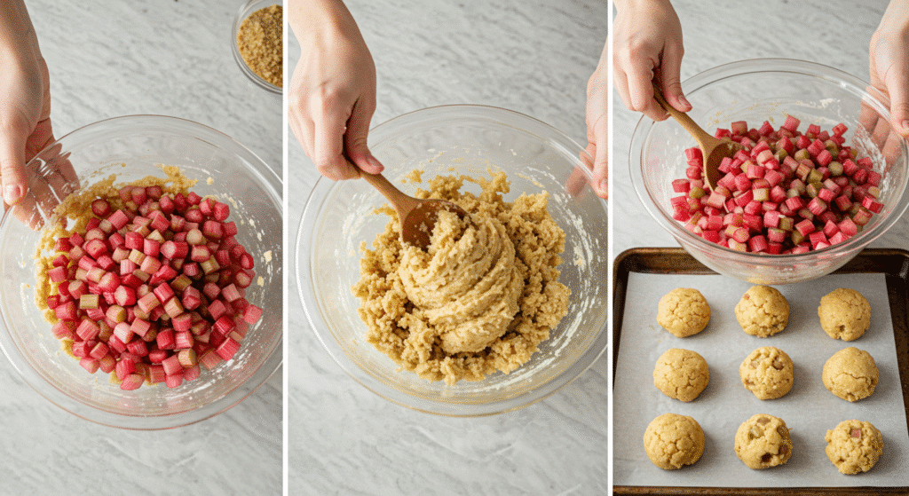 Step-by-step process of making rhubarb cookies dough and preparation