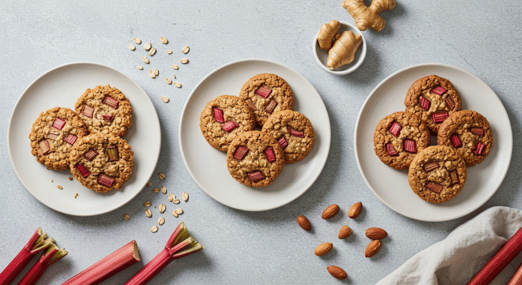 Three creative variations of rhubarb cookies recipe on white plates
