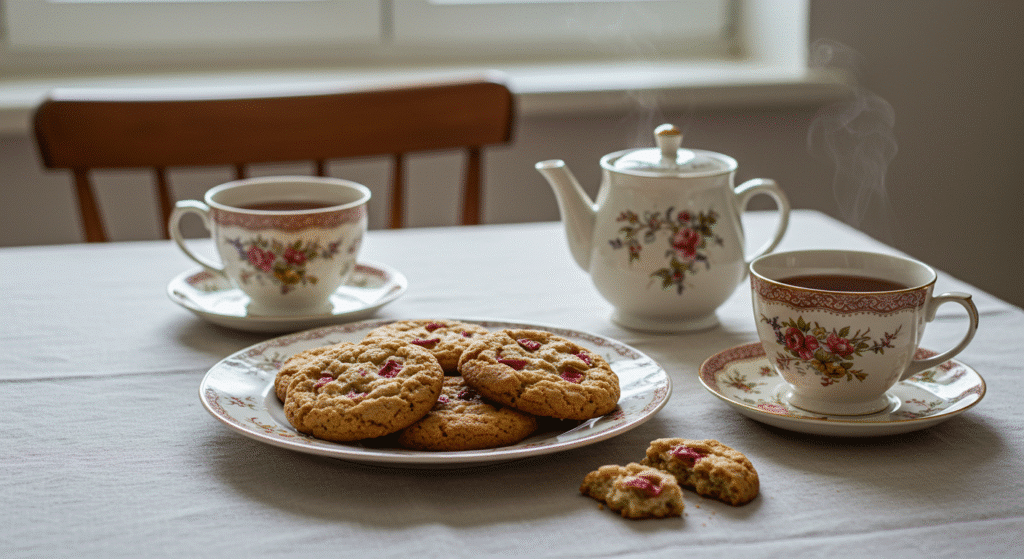 Rhubarb cookies served with tea in cozy kitchen setting