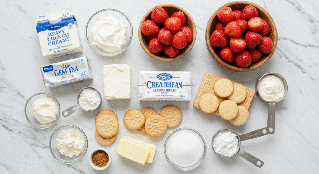 Complete ingredients layout for strawberry crunch cheesecake cups recipe
