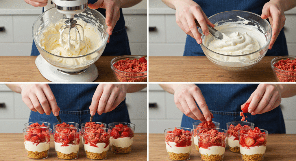 Step-by-step process of making strawberry crunch cheesecake cups