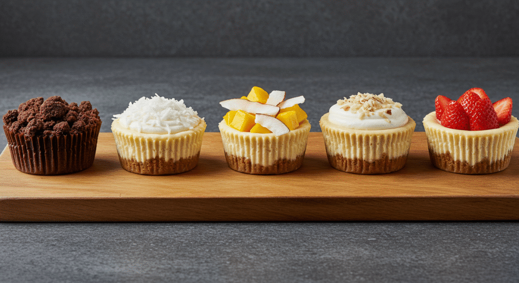 Five creative variations of strawberry crunch cheesecake cups including vegan and keto options