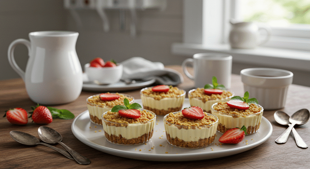 Beautifully presented strawberry crunch cheesecake cups ready to serve