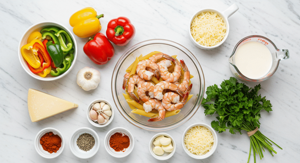 Fresh ingredients for Cajun shrimp pasta including raw shrimp, pasta, spices, and vegetables arranged on marble surface