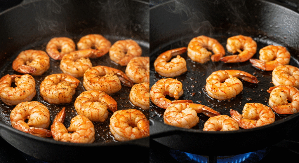 Before and after shots of Cajun-seasoned shrimp cooking process showing spice coating and perfect doneness
