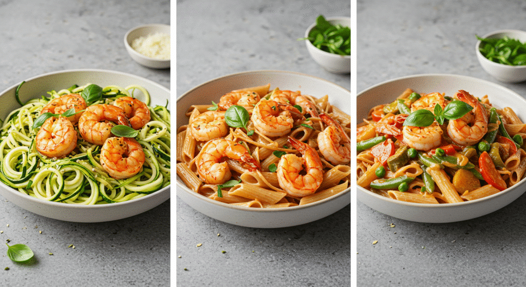 Three variations of Cajun shrimp pasta including keto zucchini noodles, whole wheat pasta, and veggie-loaded versions
