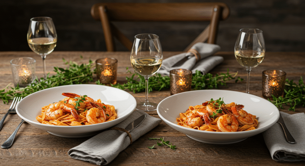 Elegant dinner table setting featuring Cajun shrimp pasta with wine glasses and candlelight ambiance
