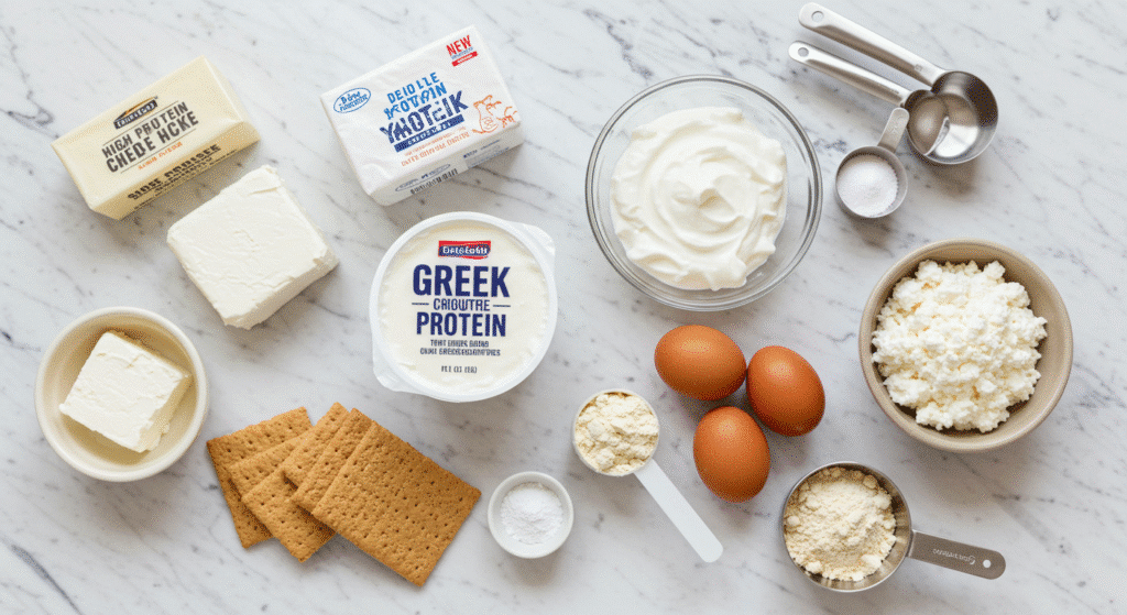 Ingredients for high-protein cheesecake cups laid out on marble surface