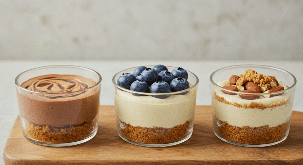 Three creative variations of high-protein cheesecake cups