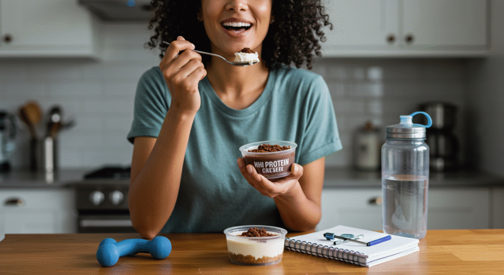 Woman enjoying high-protein cheesecake cup in modern kitchen