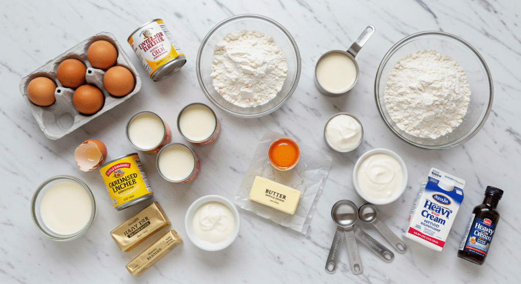 Tres leches cake ingredients laid out on marble counter including milk cans and baking essentials