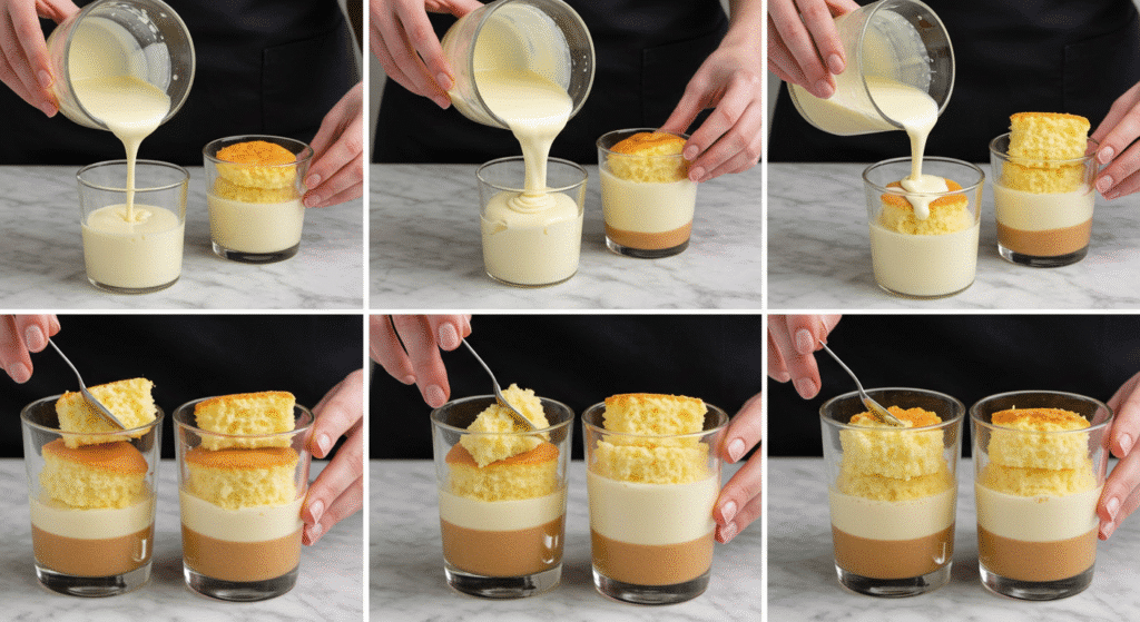 Hands pouring milk mixture over cake pieces in glass cups showing tres leches assembly process