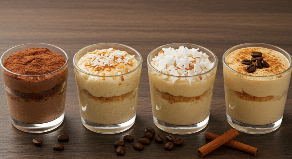 Four different mini tres leches cup variations including chocolate coconut coffee and original flavors