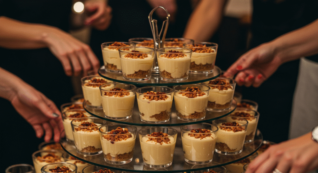 Mini tres leches cups arranged on tiered serving stand at elegant dinner party
